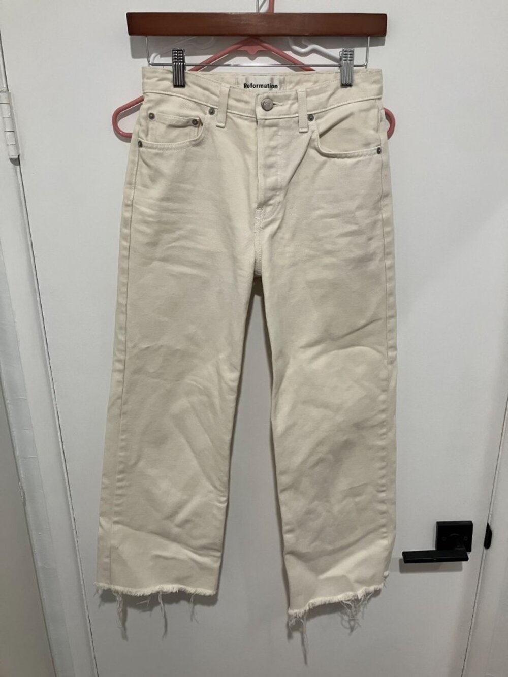 Reformation Women's High-Rise Wide-Leg Fawcett Jeans Frayed Hem, Ivory, Size 25